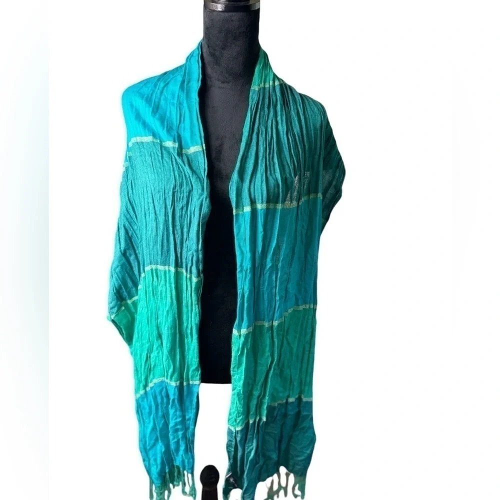 Anne Klein Teal Turquoise Lightweight Scarf with Metallic Accent Fringe